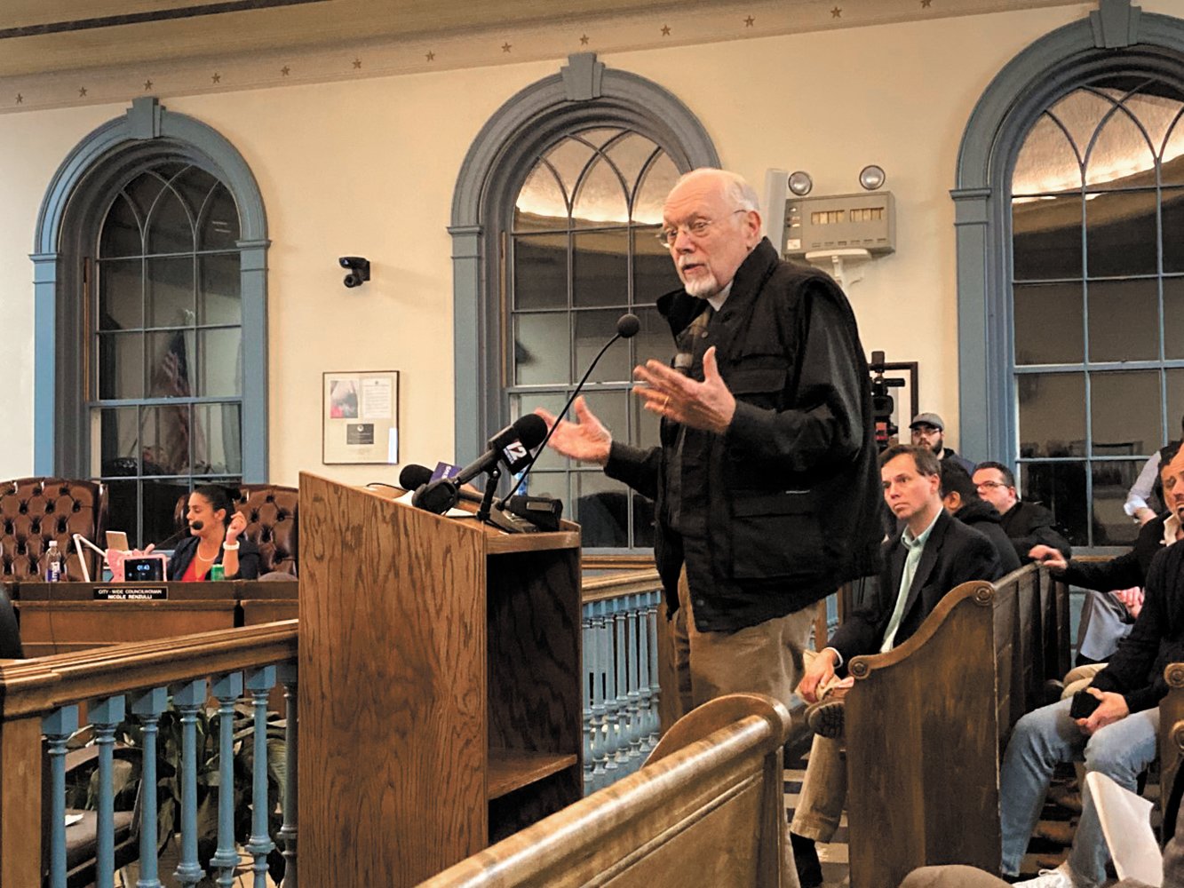 PERSONAL ANECDOTE: Pastor Dr. Duane Clinker of Mathewson Street United Methodist Church spoke about the pallet shelter resolution at Thursday’s special Safety Services and Licenses Committee meeting. He talked about having breakfast each Sunday with 200 individuals experiencing homelessness. He said how heartbreaking see homeless children. (Herald photo)